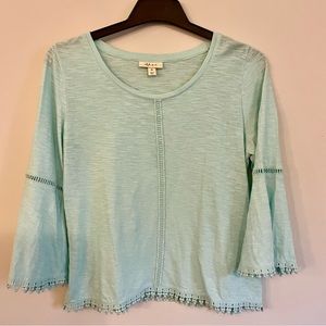 100% Cotton Light Blue Bell Sleeve Embroidered Blouse